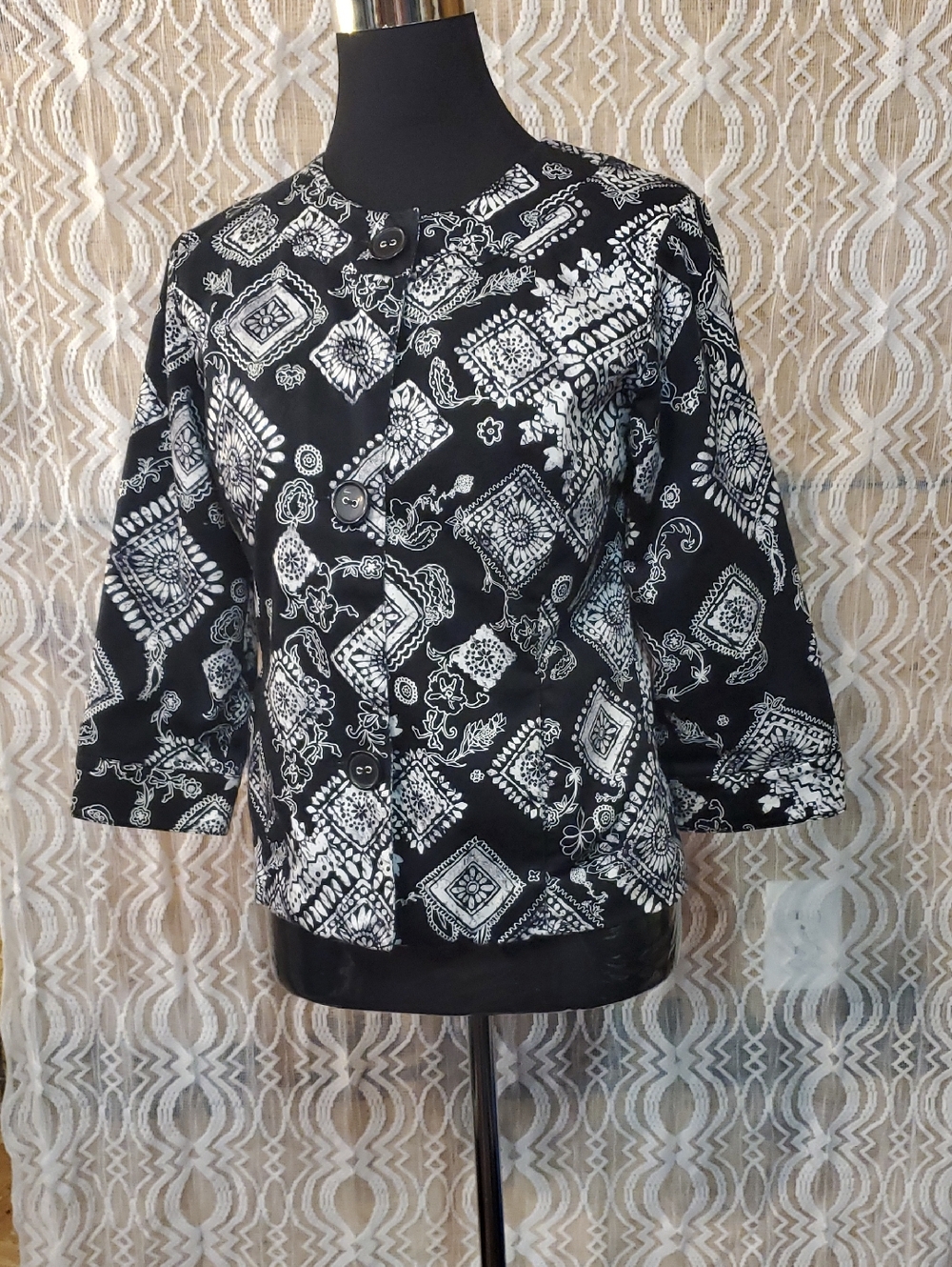 Coldwater Creek Black and White Patterned Button-Front Top